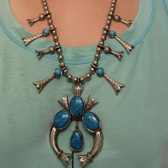 Vintage Faux Turquoise Squash Blossom Necklace & Earring Set - Picture 3 of 10